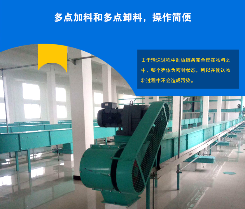 埋刮板輸送機(jī)可多點(diǎn)加料、卸料，輸送距離長(zhǎng)